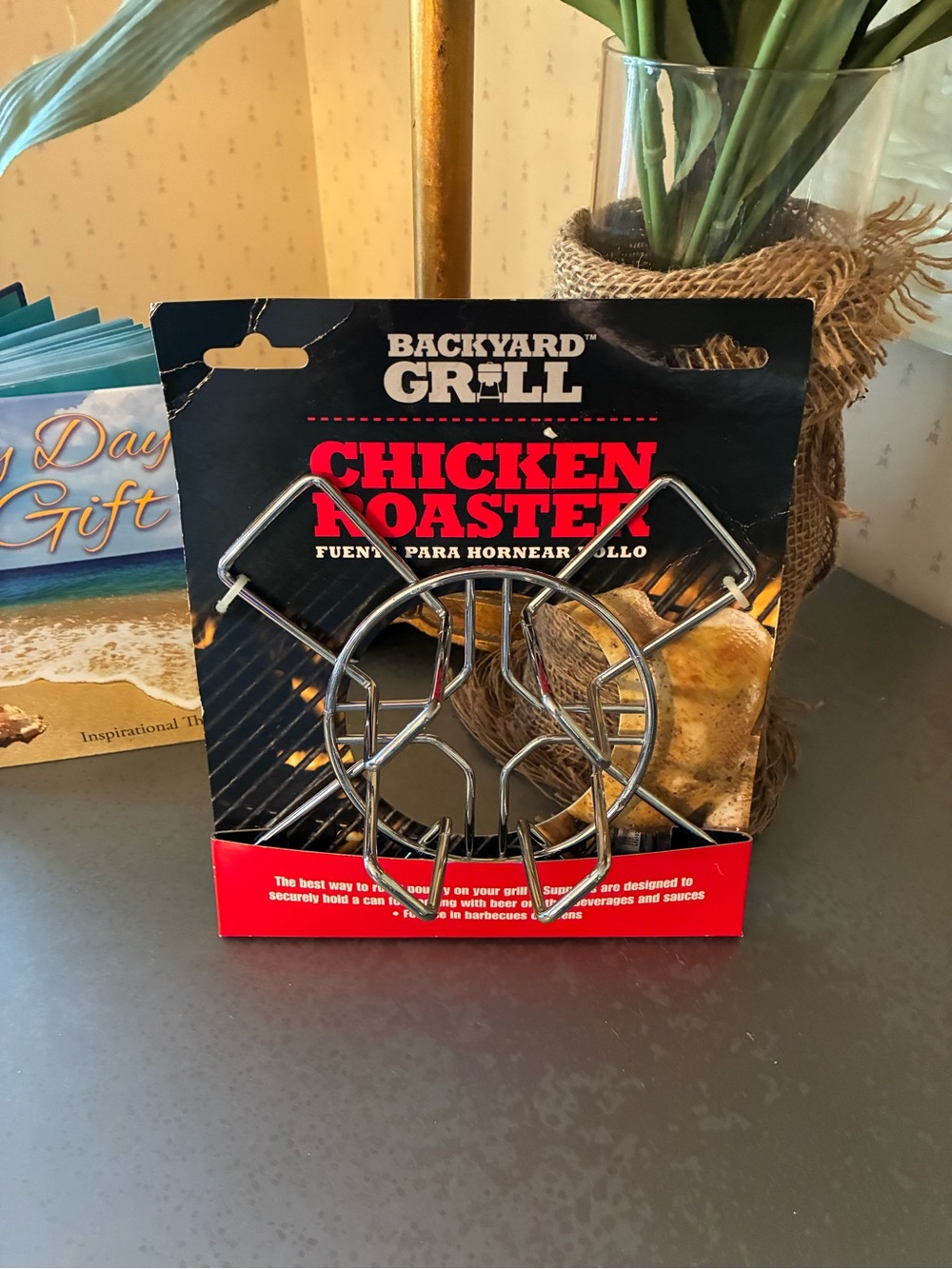 Backyard Grill, NEW IN PACK, stainless steel Chicken roaster, best way on grill.